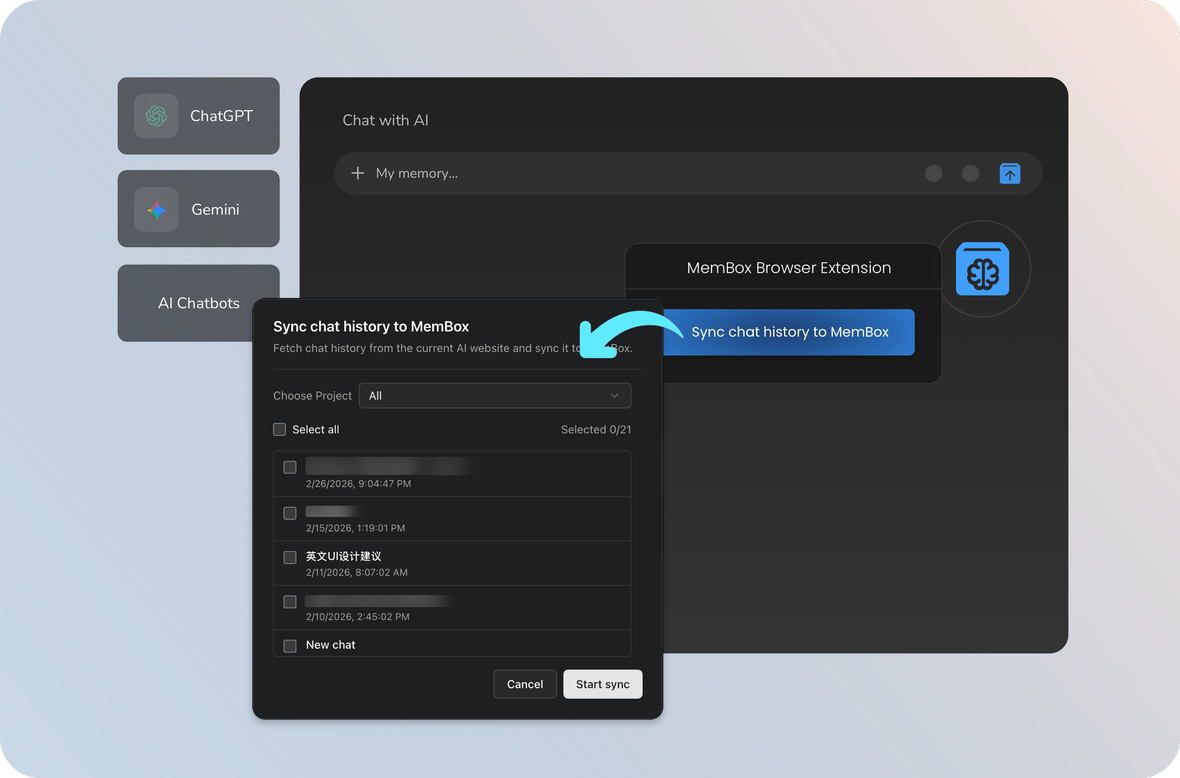 MemBox UI screen with chat sync popup